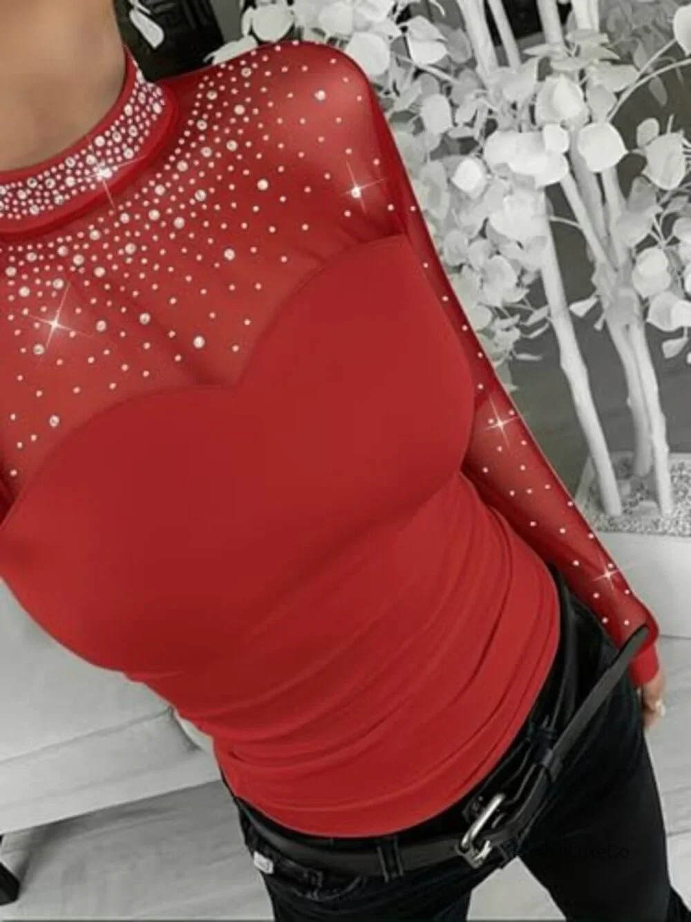 Rhinestone Mock Neck Lantern Long Sleeve Sheer Mesh Top Hollow-Out Back Slim